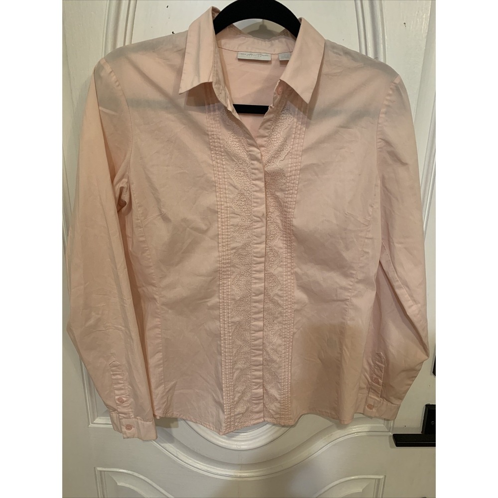 New York & Company Button Down Shirt Womens Small Pink Lace Trim Stretch Pintuck